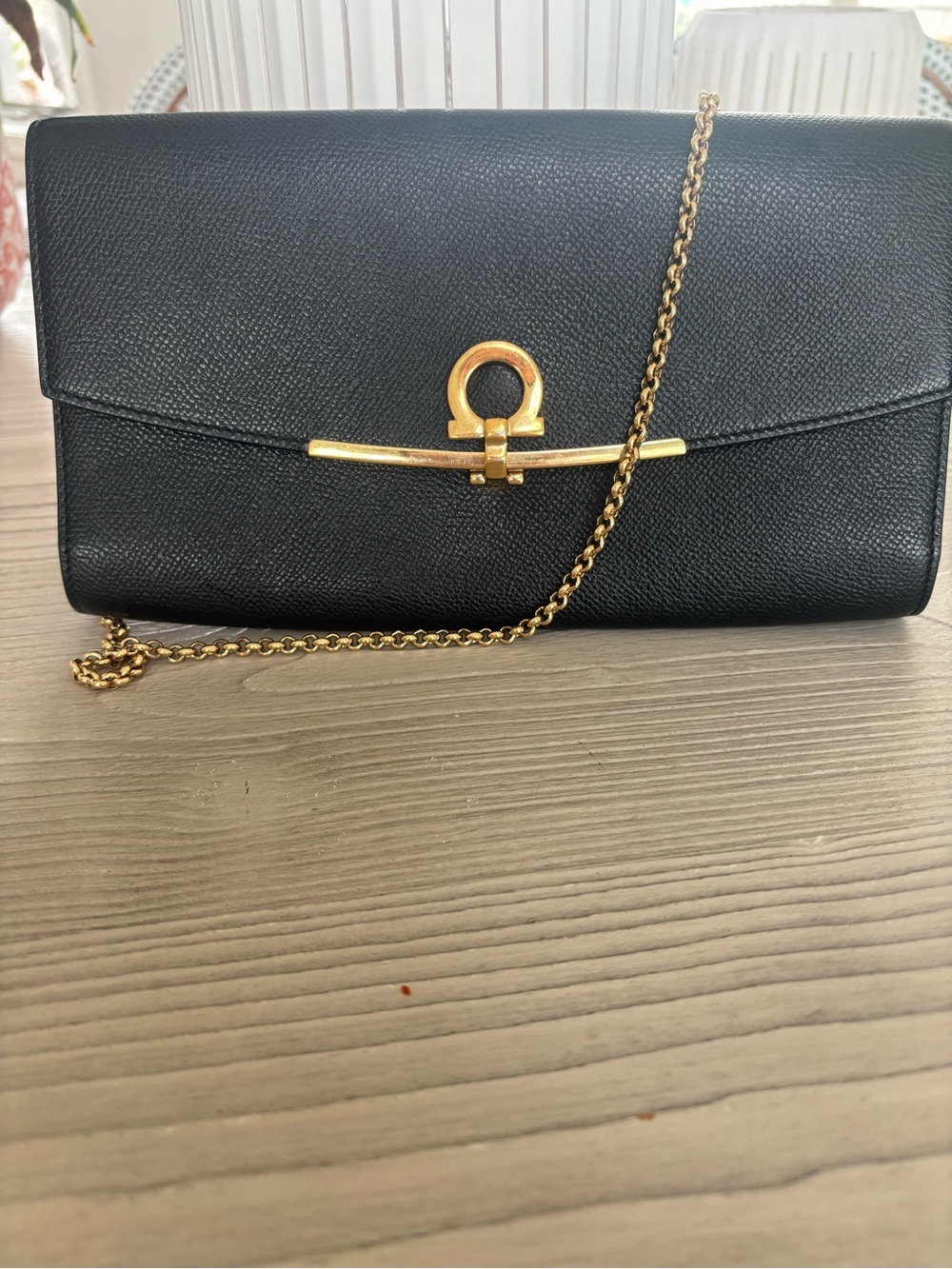 Salvatore Ferragamo Black Leather Clutch with Gold Chain and Gancini